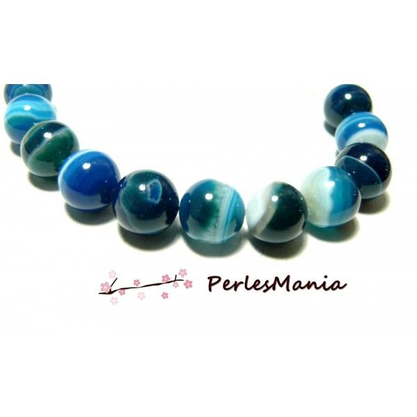 10 perles agate BLEU VEINEE 10mm ronde - gemme pierre fine, DIY 