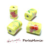 Perles rectangle céramique jaune et fleur rouge