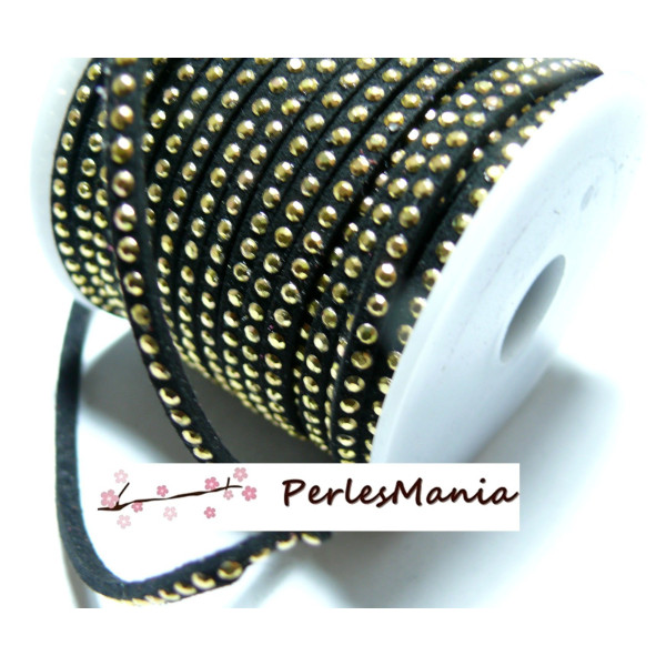 5 mètre de cordon de suédine strass cloutée DORE aspect Daim une rangée facettée NOIRE H201 