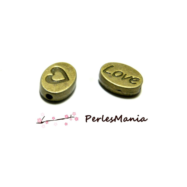 Perles intercalaires BIFACE, Galet Coeur Love 8 par 12mm, Bronze, DIY
