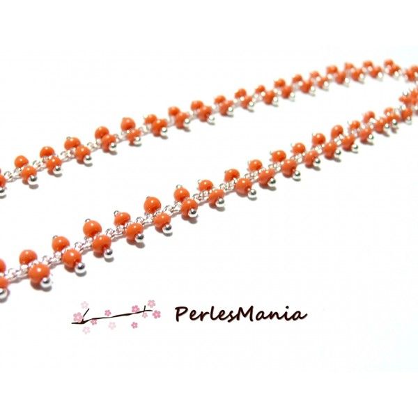1m Chaine Laiton  ARGENT PLATINE et perles de verre ORANGE CORAIL DOUBLE rangée ref 151 