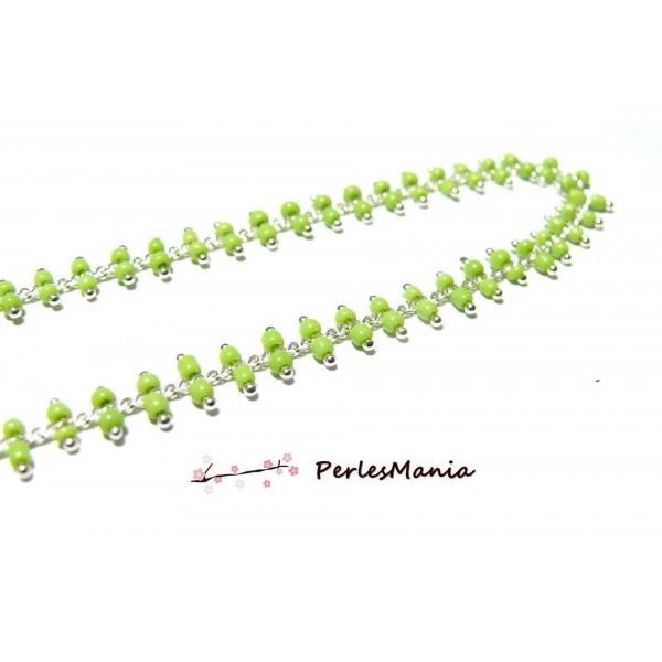 50cm Chaine Laiton  ARGENT PLATINE et perles de verre VERT ANIS DOUBLE rangée ref 157 
