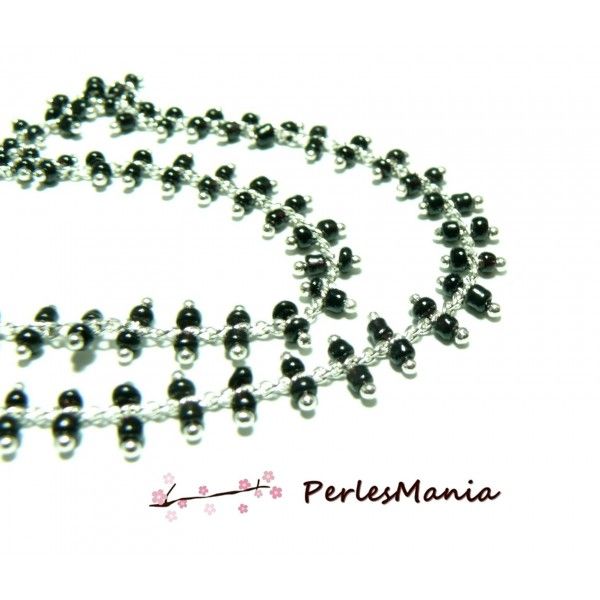 1m Chaine Laiton  ARGENT PLATINE et perles de verre NOIRE DOUBLE rangée ref 152 