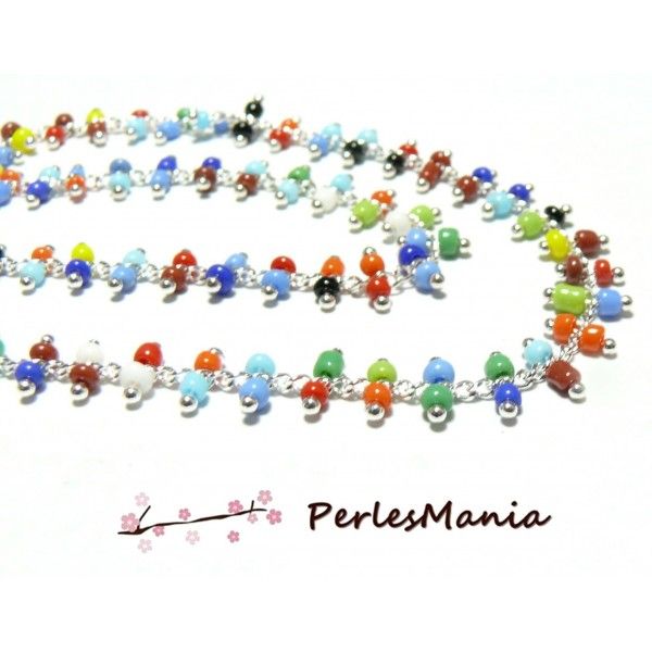 50cm Chaine Laiton  ARGENT PLATINE et perles de verre Multicolore DOUBLE rangée ref 152 