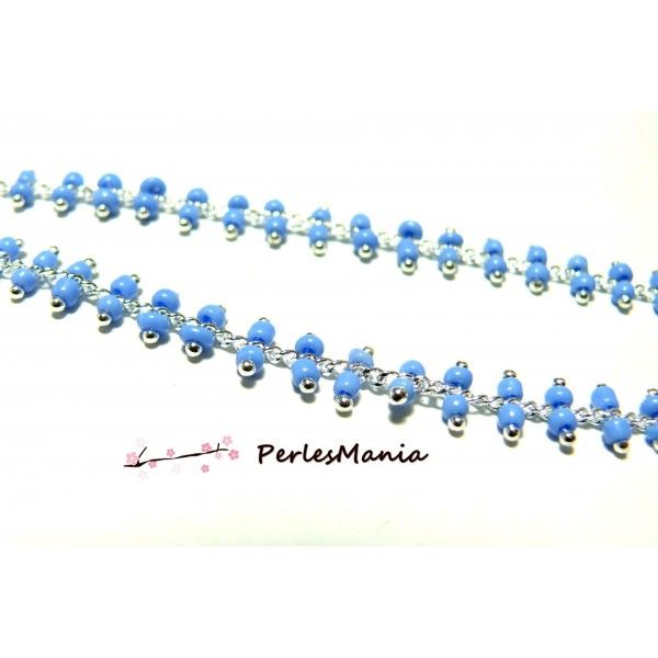 1m Chaine Laiton  ARGENT PLATINE et perles de verre BLEU DOUBLE rangée ref 158 