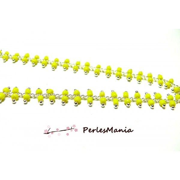 1m Chaine Laiton  ARGENT PLATINE et perles de verre JAUNE DOUBLE rangée ref 155 
