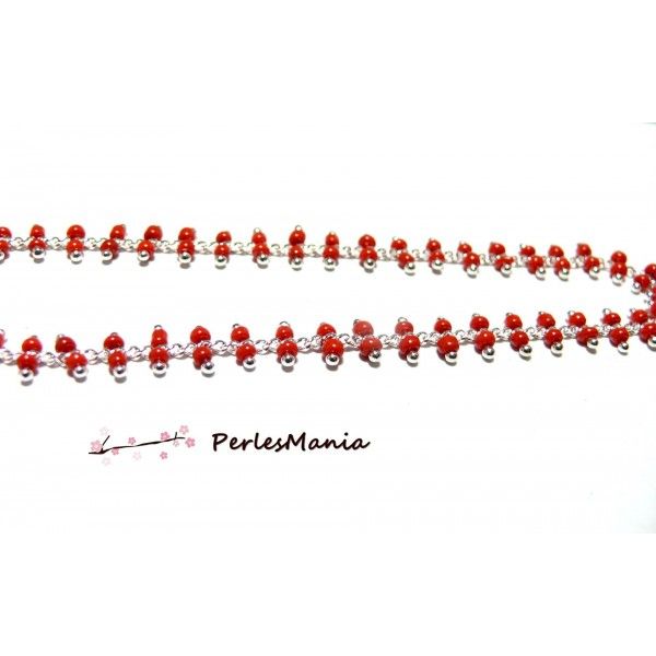 50cm Chaine Laiton  ARGENT PLATINE et perles de verre ROUGE DOUBLE rangée ref 156 