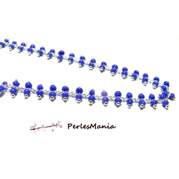 50cm Chaine Laiton  ARGENT PLATINE et perles de verre Bleu Electrique DOUBLE rangée ref 151 