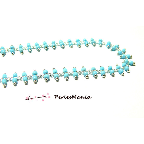 1m Chaine Laiton  ARGENT PLATINE et perles de verre BLEU CIEL DOUBLE rangée ref 159 