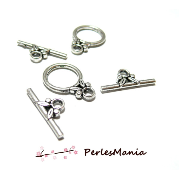 Sets fermoirs, Toggle T FEUILLE, laiton finition Argent Antique