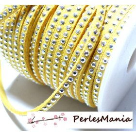 1 mètre de cordon de suédine strass cloutée argenté  aspect Daim une rangée facettée JAUNE H107 