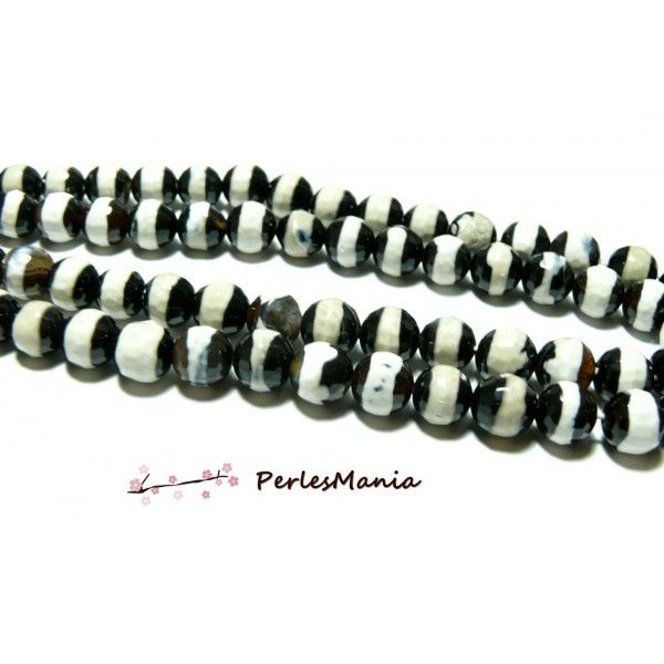 Lot 8 pieces perles Ronde facetée AGATE TIBETAINE 10mm Modèle B, DIY 