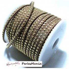 1 rouleau de 18 mètre de cordon de suédine strass  DORE aspect Daim une rangée  Marron H202 