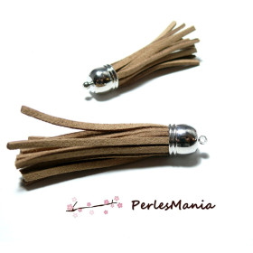 2 pompons breloque passementière 6 cm suédine BEIGE Argent platine