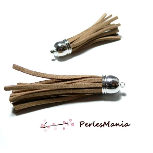 2 pompons breloque passementière 6 cm suédine BEIGE Argent platine