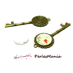 Supports de Pendentif CLEF RÉTRO 20mm Laiton Bronze + 2 cabochons verre 20mm
