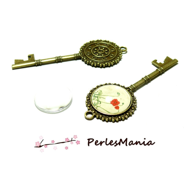 Supports de Pendentif CLEF RÉTRO 20mm Laiton Bronze + 2 cabochons verre 20mm