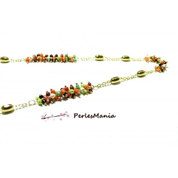 20 cm Chaine Laiton  DORE et perles de verre, rocaille Multicolore GRAPPE ref 32