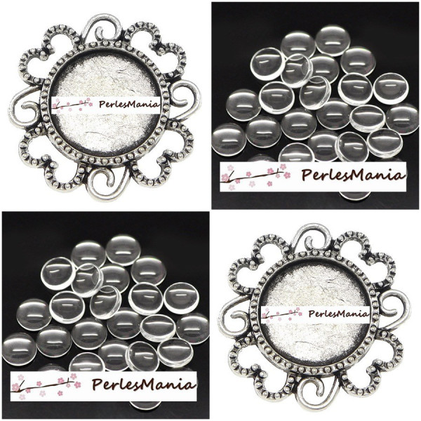 Pendentifs, CONNECTEUR ARTY FLEUR, laiton finition Argent Antique et 10 cabochons en 14mm en verre transparents