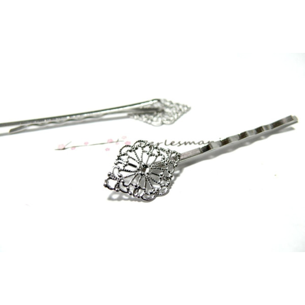 10 Supports de barrette ARGENT PLATINE losange 15mm dentelle ref14294