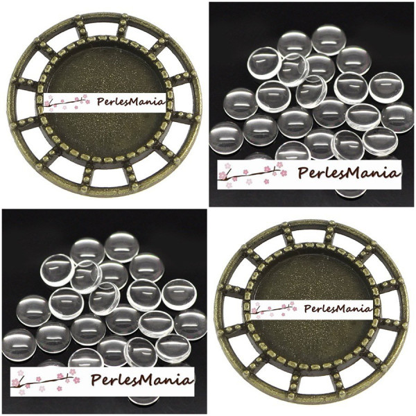 pendentifs CONNECTEUR ARTY BRONZE ref 197 et 10 cabochons en 14mm en verre transparents