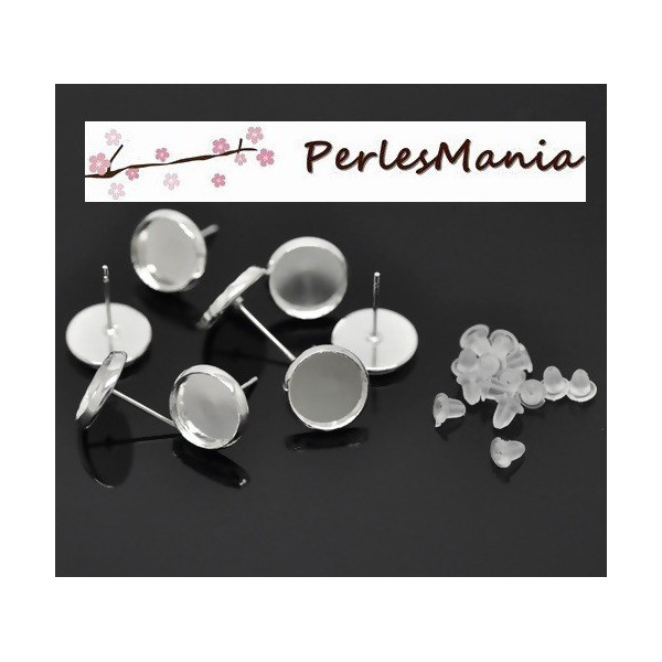 Supports de Boucle d'oreille, puce 12mm, métal finition ARGENT VIF et 50 poussoirs