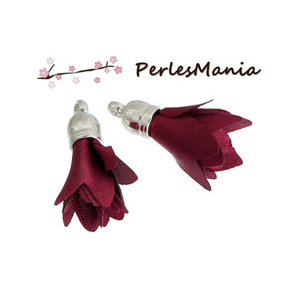 Pax: 10 pompons breloque passementière ARGENT PLATINE FLEUR ROUGE BORDEAUX S1083516