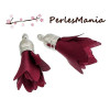 Pax: 10 pompons breloque passementière ARGENT PLATINE FLEUR ROUGE BORDEAUX S1083516