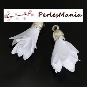 Pompons breloque passementière ARGENT PLATINE FLEUR BLANC