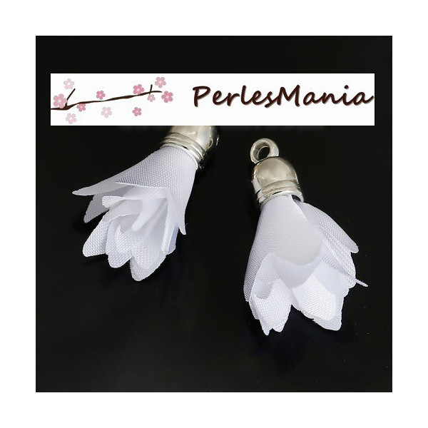 Pompons breloque passementière ARGENT PLATINE FLEUR BLANC