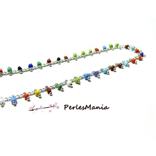 50 cm Chaine Laiton ARGENT PLATINE et perles de verre, rocaille Multicolore 2,5mm ref 39