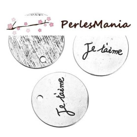 2 pendentifs breloques JE T AIME metal couleur ARGENT ANTIQUE ( S1183043 )