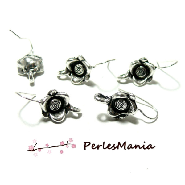 Crochets Boucles d’Oreilles Fleur 3D Vieil Argent avec Attache