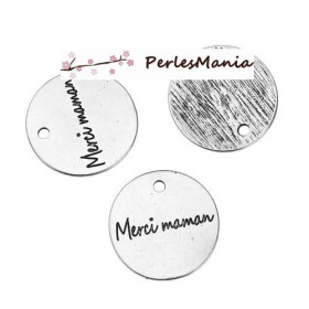Pendentifs, médaillon, message MERCI MAMAN 20mm, laiton  ARGENT ANTIQUE