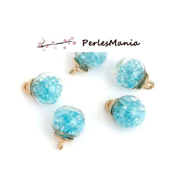 Pendentifs GLOBES BULLES EN VERRE, avec mini perles facettées BLEU CLAIR