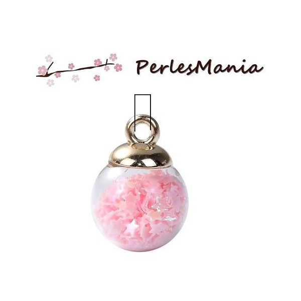 Pendentifs, GLOBES BULLES EN VERRE, avec SEQUINS, ETOILES ROSE CLAIR