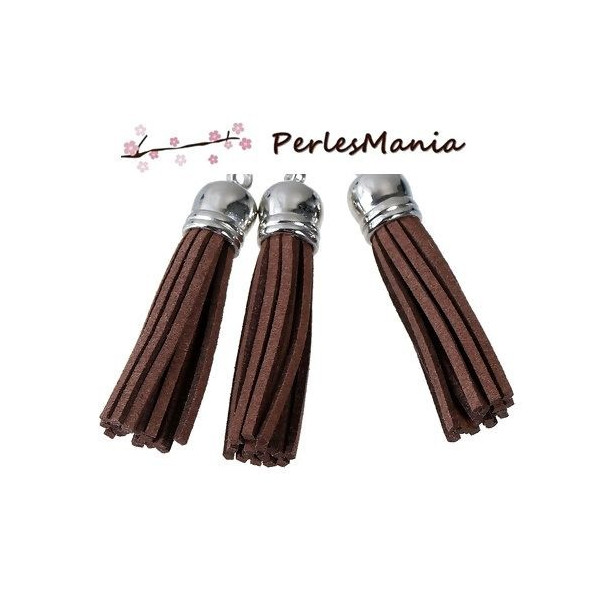Pompons breloque passementière 60mm suédine MARRON ARGENT VIF