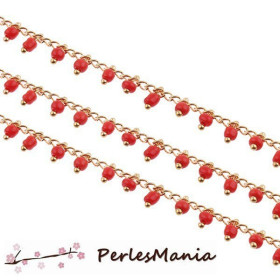 Chaîne Perles de Rocaille 3mm Rouge et Chaîne Doré