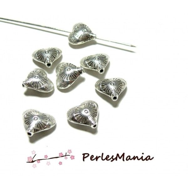 10 perles intercalaires COEUR et Soleil BIFACE metal couleur ARGENT ANTIQUE ref 123