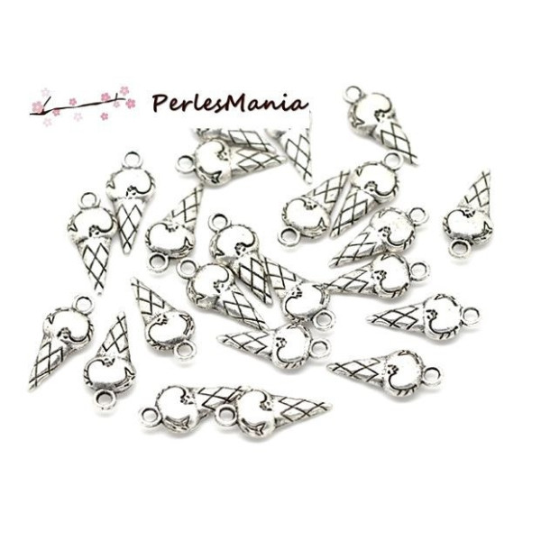 PAX: 50 pendentifs breloques CORNET DE GLACE GOURMANDISE ARGENT ANTIQUE 19mm S115084