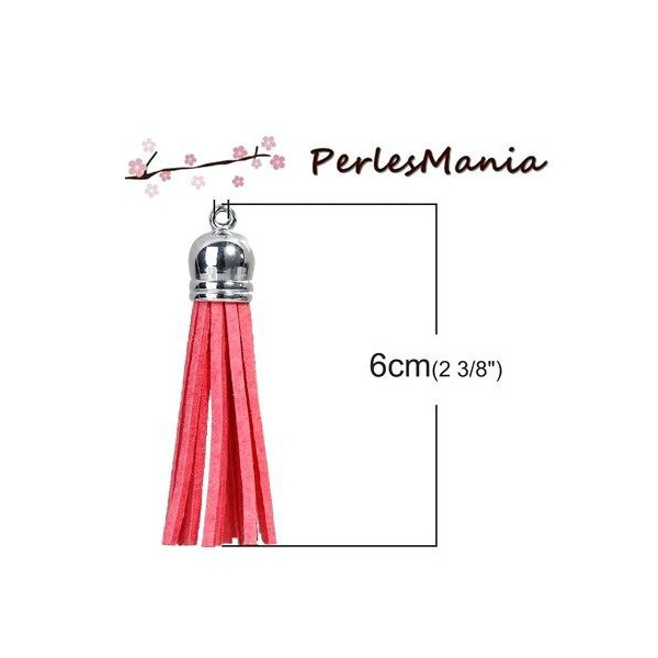 Pompons Breloque Passementière 60mm Suédine Rose Bonbon Argent Vif