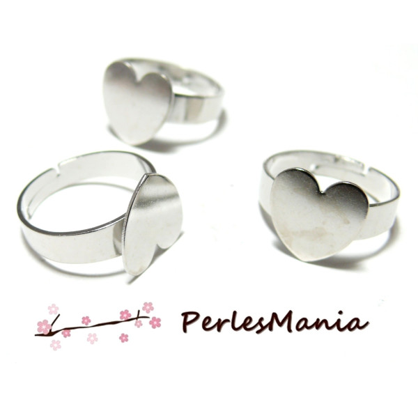 10 supports de bague Coeur plateau plat metal ARGENT PLATINE ref 4178
