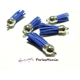 10 pompons breloque passementière 38mm suédine BLEU ROI ARGENT PLATINE H405A