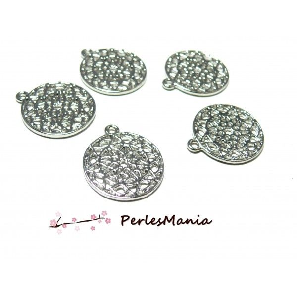 PAX 10 pendentifs breloque medaillon BOUDHISME MANDALA 20mm couleur ARGENT PLATINE S1185648