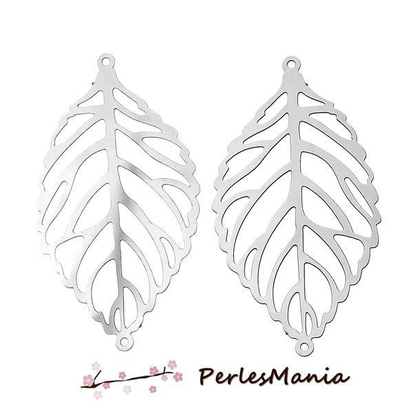 ESTAMPES CONNECTEUR FEUILLE 30mm ARGENT PLATINE EN ACIER INOXYDABLE   S1166941  pour création de bijoux raffinés