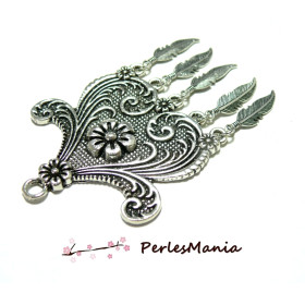 1 MAGNIFIQUE PENDENTIF ETHNIQUE à plumes metal couleur ARGENT ANTIQUE S1173399