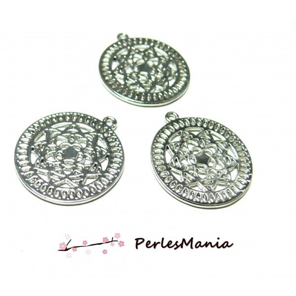 PAX 10 pendentifs breloque medaillon BOUDHISME MANDALA 25mm couleur ARGENT PLATINE S1185649