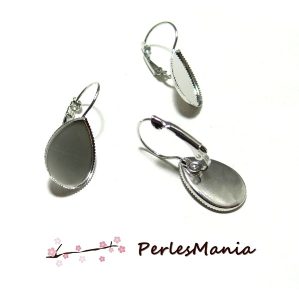 Boucles d'oreille Dormeuse Plateau forme Goutte 13 par 18mm Argent Platine Rhodié