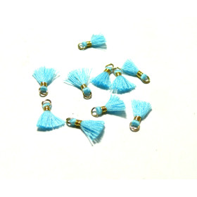 MINI pompons breloque passementière avec fil d'or et anneau 10mm BLEU CIEL