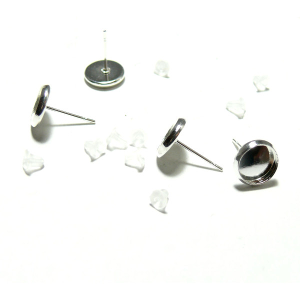 Supports de Boucle d'oreille PUCE Qualité 8mm avec embouts plastique,  metal Argent Vif